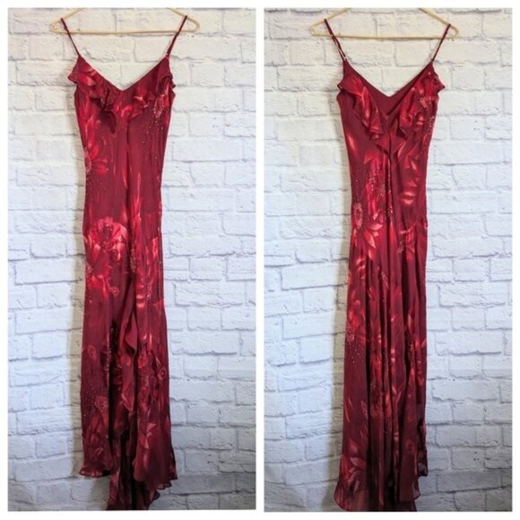 Sue Wong Dresses & Skirts - Vintage Sue Wong Nocturne Silk Beaded Floral Slip Dress 6 Red Ruffle 90s Y2K
